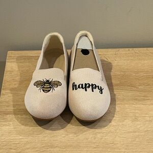 Cream Bee-Embroidered Slip-On Flats with 'Happy' Detail